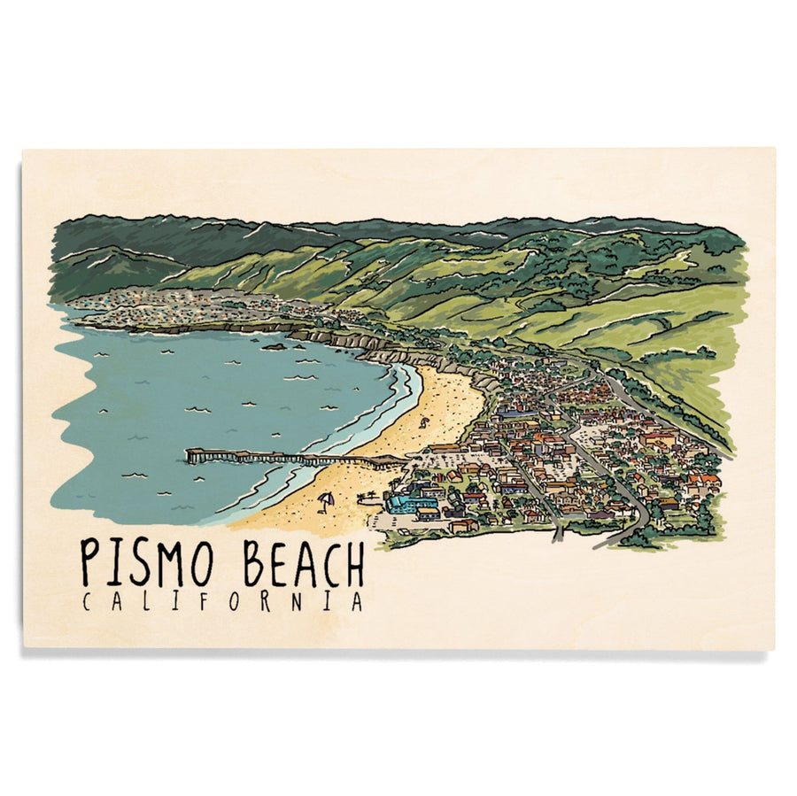 Pismo Beach, California, Line Drawing, Lantern Press Artwork, Wood Signs and Postcards Wood Lantern Press 