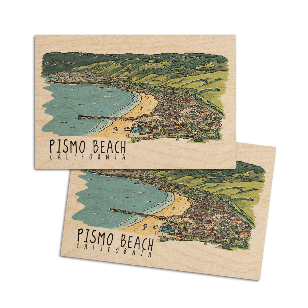 Pismo Beach, California, Line Drawing, Lantern Press Artwork, Wood Signs and Postcards Wood Lantern Press 4x6 Wood Postcard Set 