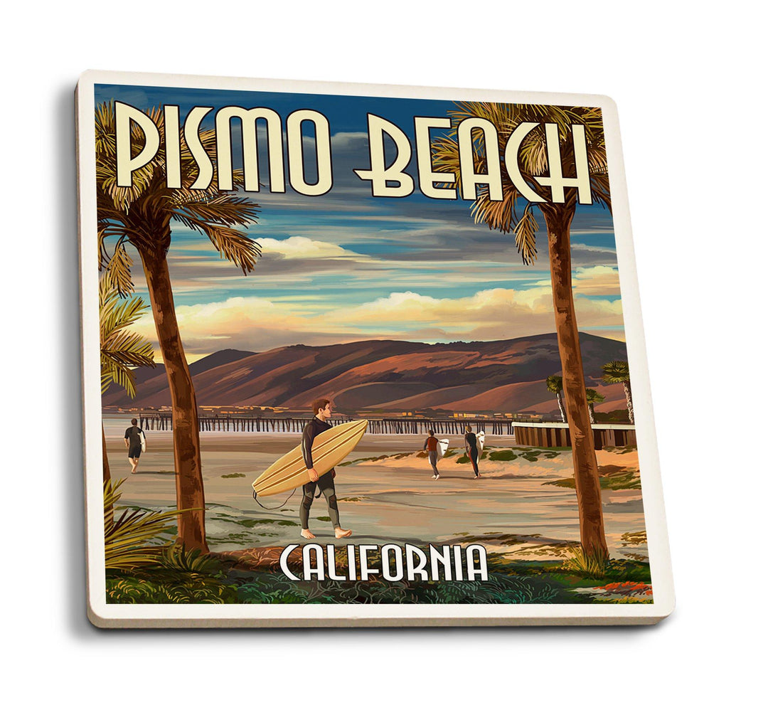 Pismo Beach, California, Surfer & Pier, Lantern Press Artwork, Coaster Set Coasters Lantern Press 