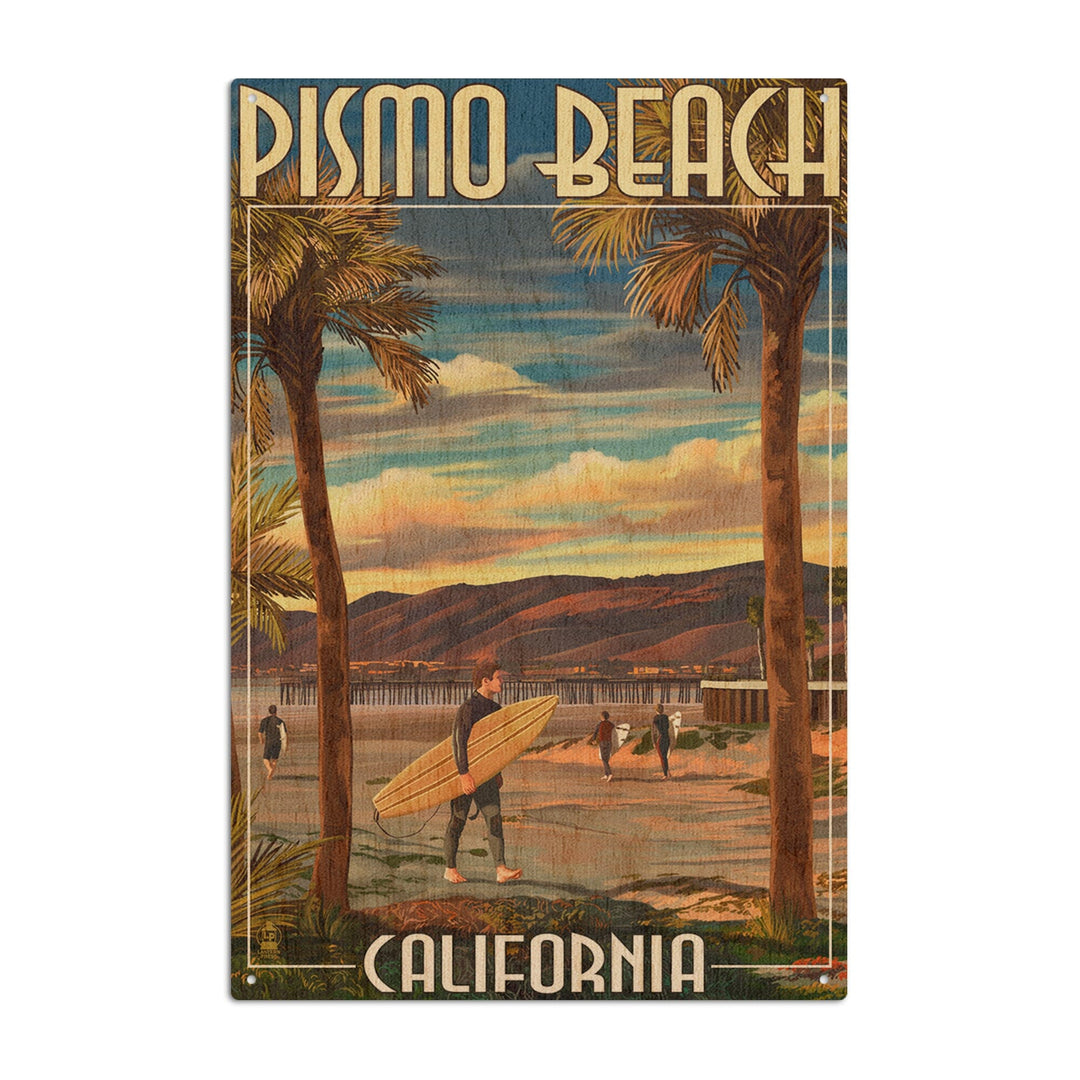 Pismo Beach, California, Surfer & Pier, Lantern Press Artwork, Wood Signs and Postcards Wood Lantern Press 10 x 15 Wood Sign 