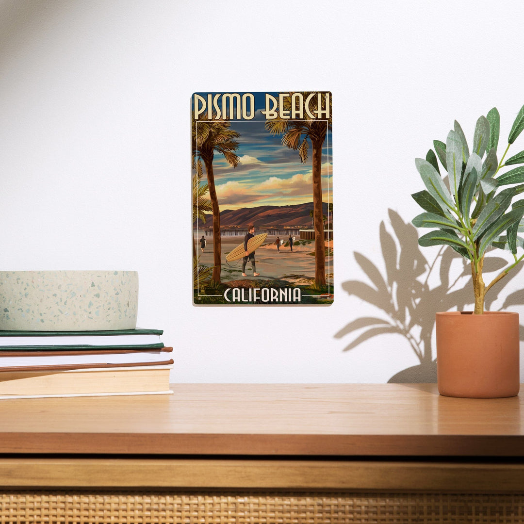 Pismo Beach, California, Surfer & Pier, Lantern Press Artwork, Wood Signs and Postcards Wood Lantern Press 