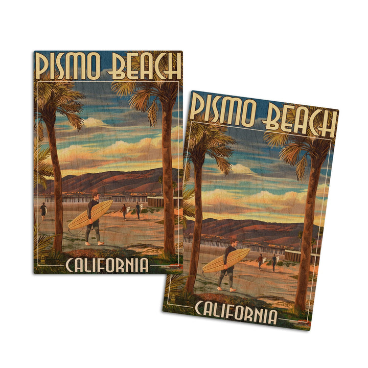 Pismo Beach, California, Surfer & Pier, Lantern Press Artwork, Wood Signs and Postcards Wood Lantern Press 4x6 Wood Postcard Set 