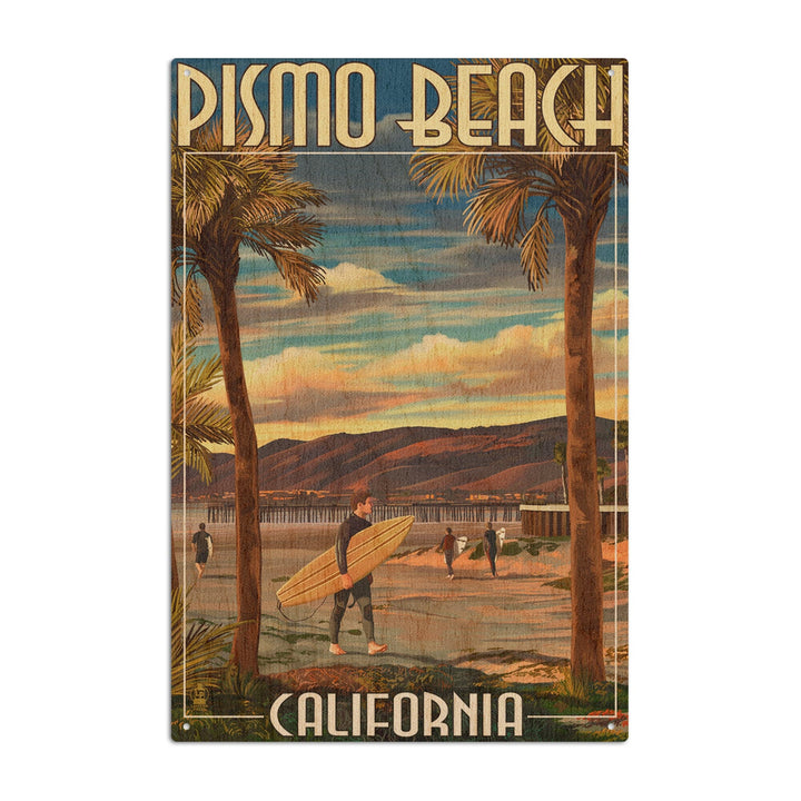 Pismo Beach, California, Surfer & Pier, Lantern Press Artwork, Wood Signs and Postcards Wood Lantern Press 6x9 Wood Sign 