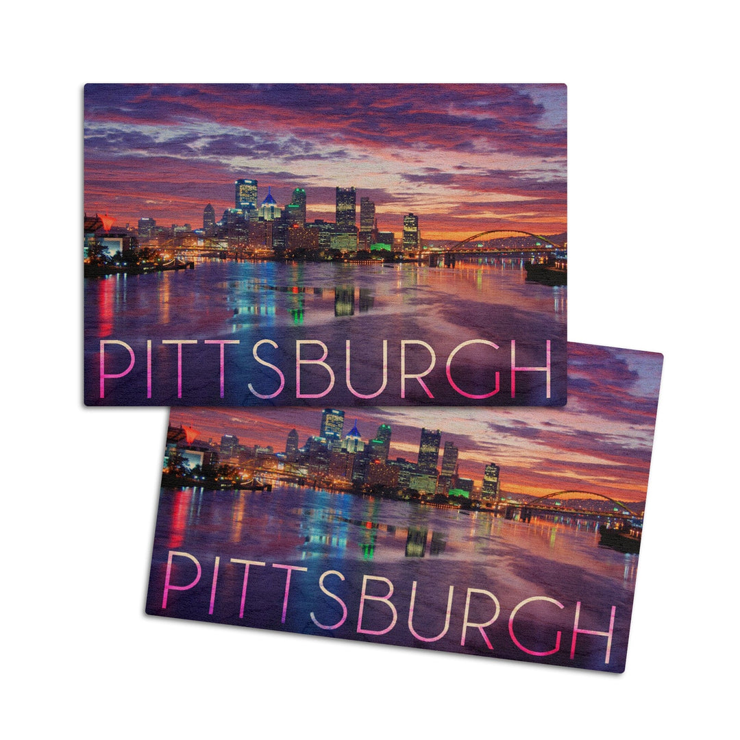 Pittsburgh, Pennsylvania, City Lights at Night, Lantern Press Photography, Wood Signs and Postcards Wood Lantern Press 4x6 Wood Postcard Set 