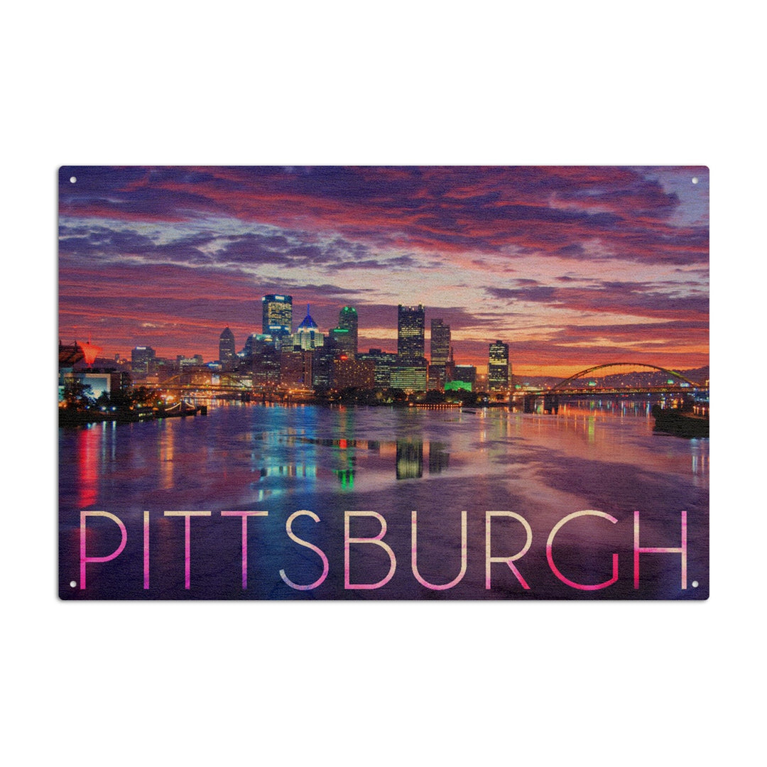Pittsburgh, Pennsylvania, City Lights at Night, Lantern Press Photography, Wood Signs and Postcards Wood Lantern Press 6x9 Wood Sign 