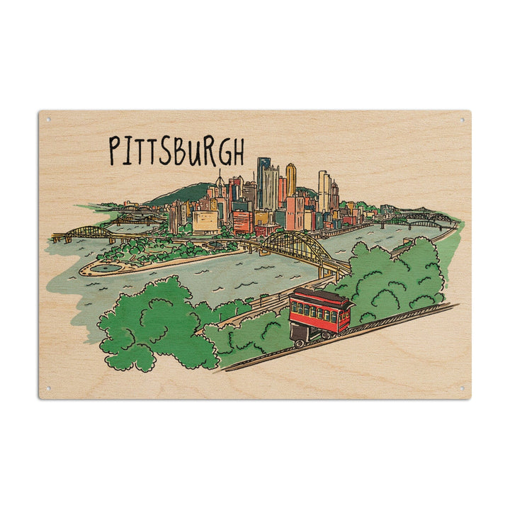 Pittsburgh, Pennsylvania, Line Drawing, Lantern Press Artwork, Wood Signs and Postcards Wood Lantern Press 10 x 15 Wood Sign 