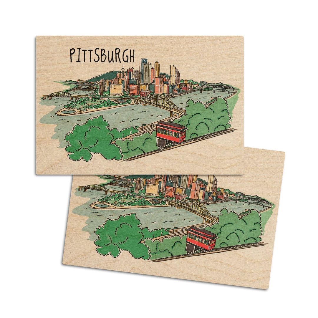 Pittsburgh, Pennsylvania, Line Drawing, Lantern Press Artwork, Wood Signs and Postcards Wood Lantern Press 4x6 Wood Postcard Set 
