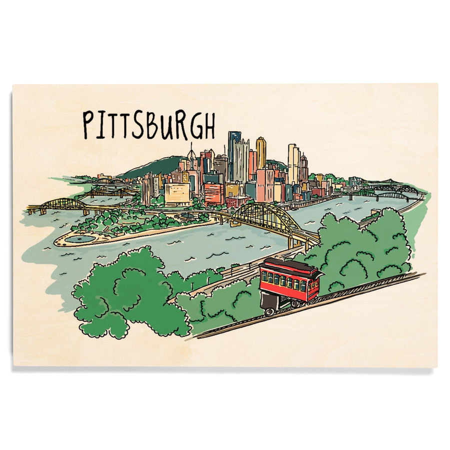 Pittsburgh, Pennsylvania, Line Drawing, Lantern Press Artwork, Wood Signs and Postcards Wood Lantern Press 
