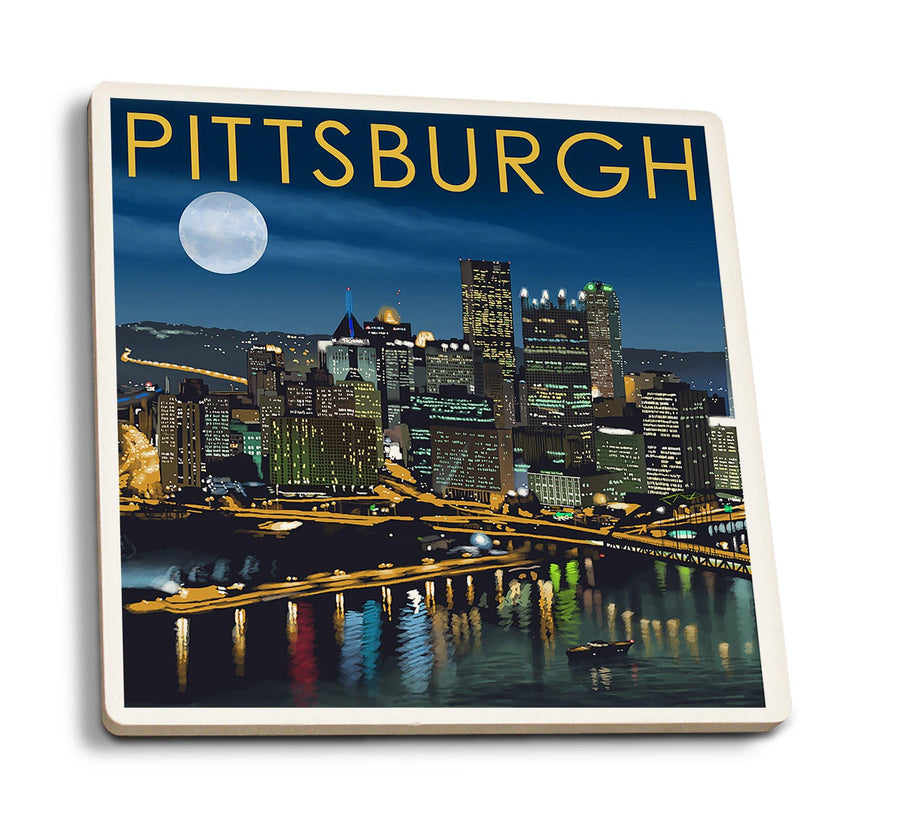 Pittsburgh, Pennsylvania, Skyline at Night, Lantern Press Artwork, Coaster Set Coasters Lantern Press 