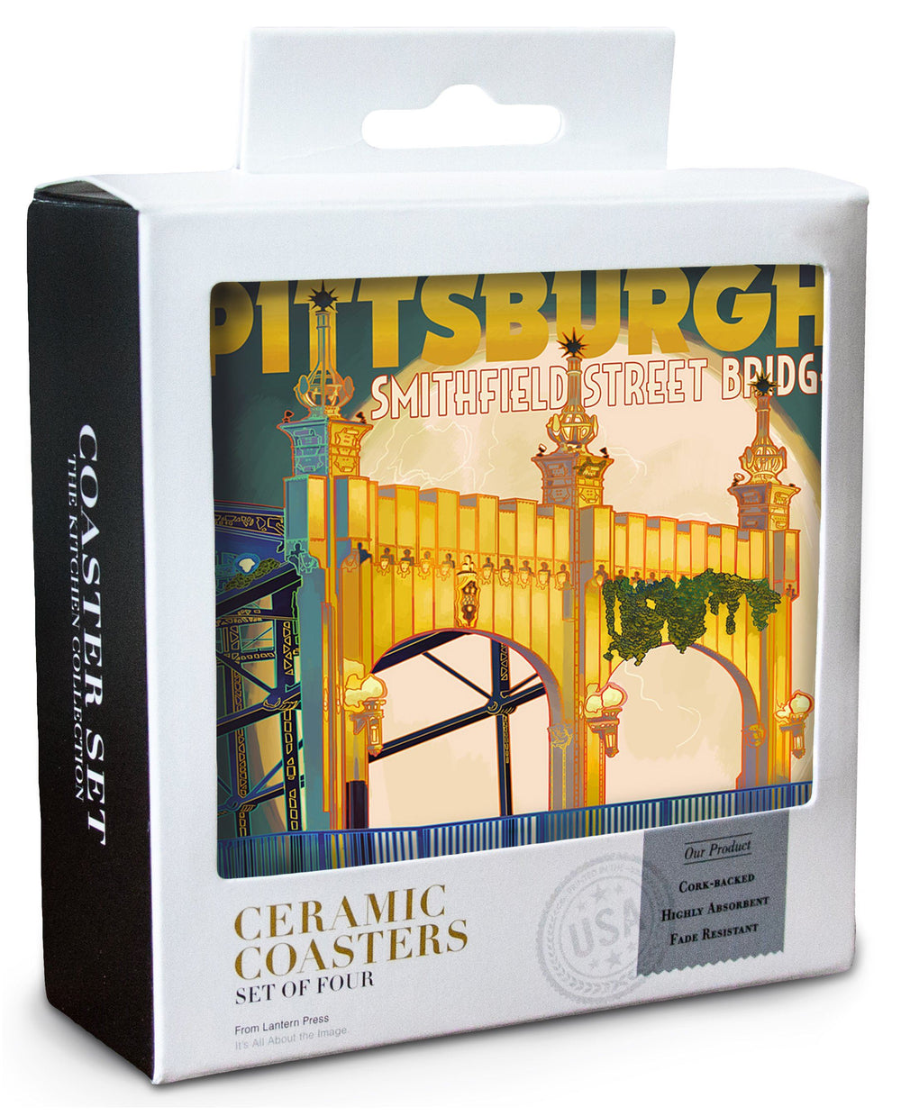 Pittsburgh, Pennsylvania, Smithfield St. Bridge & Moon, Lantern Press Artwork, Coaster Set Coasters Lantern Press 