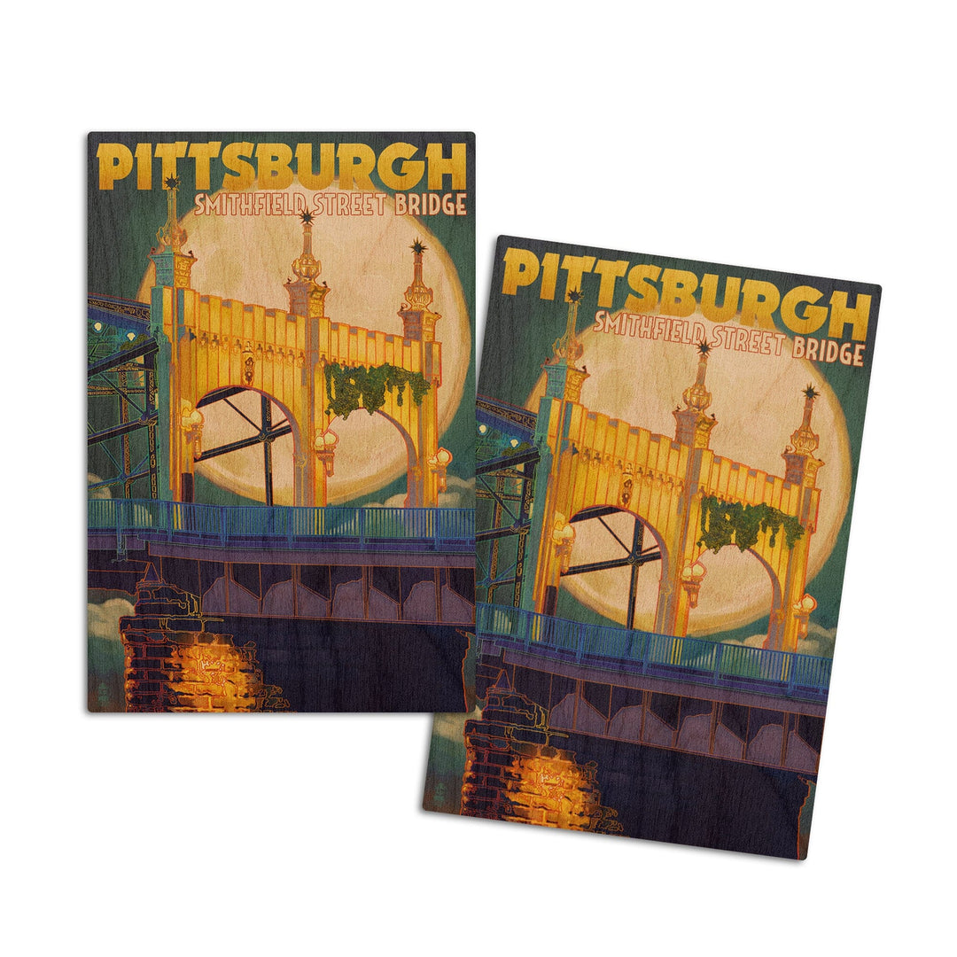 Pittsburgh, Pennsylvania, Smithfield St. Bridge & Moon, Lantern Press Artwork, Wood Signs and Postcards Wood Lantern Press 4x6 Wood Postcard Set 