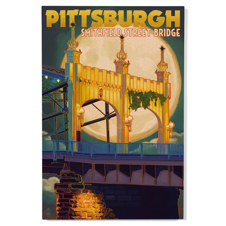 Pittsburgh, Pennsylvania, Smithfield St. Bridge & Moon, Lantern Press Artwork, Wood Signs and Postcards Wood Lantern Press 