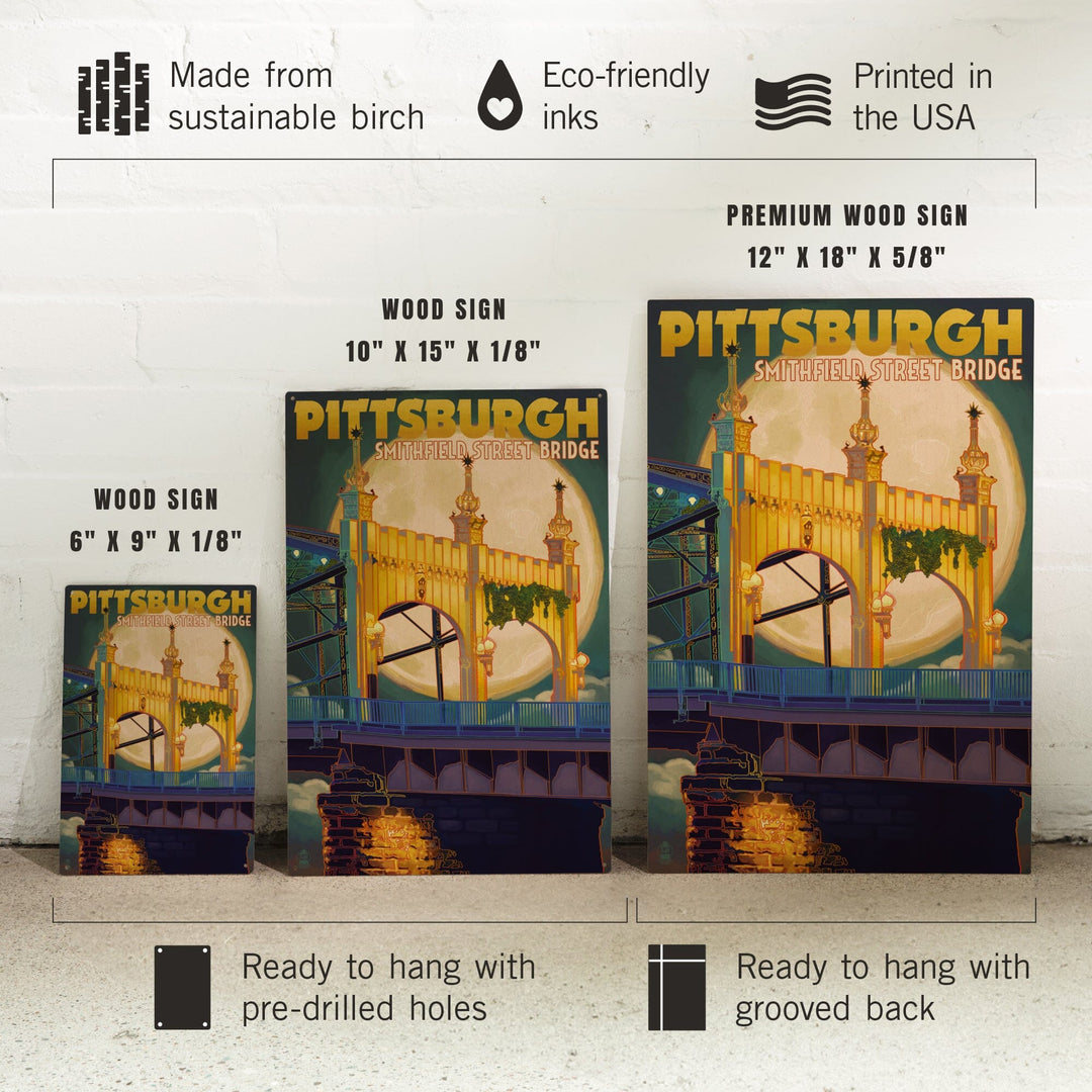 Pittsburgh, Pennsylvania, Smithfield St. Bridge & Moon, Lantern Press Artwork, Wood Signs and Postcards Wood Lantern Press 
