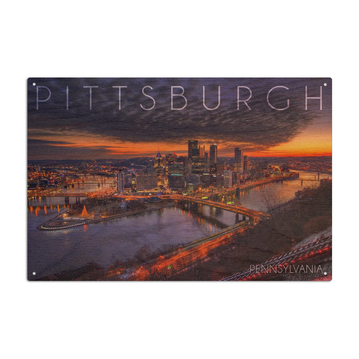 Pittsburgh, Pennsylvania, Winter Sunrise, Lantern Press Photography, Wood Signs and Postcards Wood Lantern Press 6x9 Wood Sign 