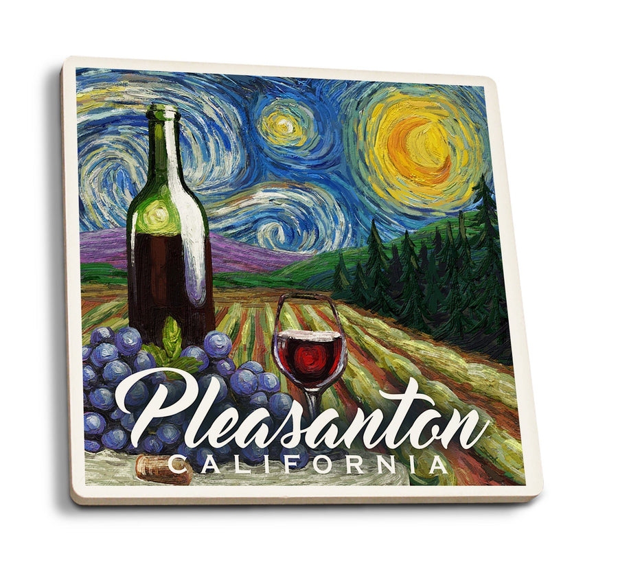 Pleasanton, California, Vineyard, Starry Night, Lantern Press Artwork, Coaster Set Coasters Lantern Press 