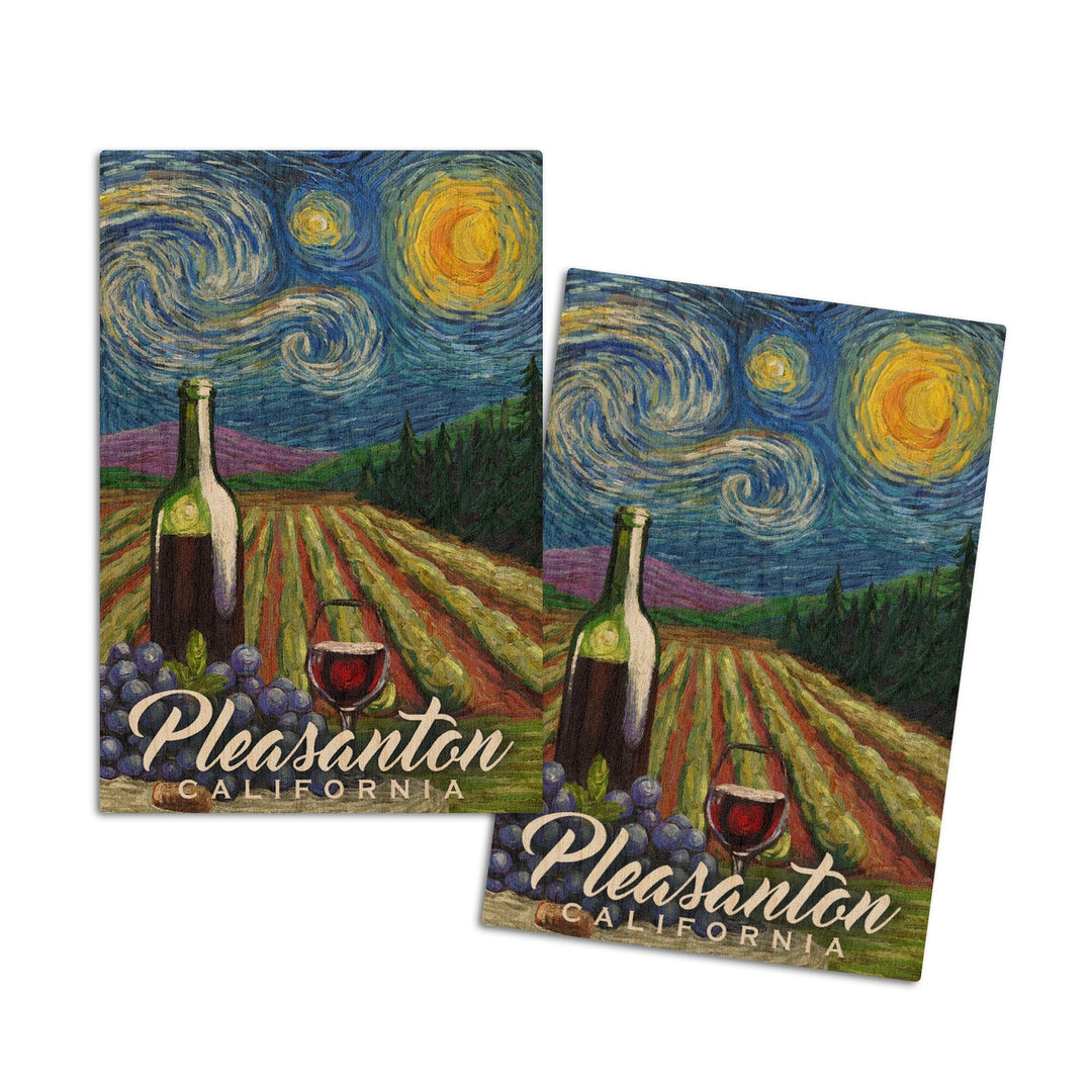 Pleasanton, California, Vineyard, Starry Night, Lantern Press Artwork, Wood Signs and Postcards Wood Lantern Press 4x6 Wood Postcard Set 