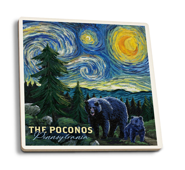 Poconos, Pennsylvania, Starry Night, Bear & Cub, Lantern Press Artwork, Coaster Set Coasters Lantern Press 