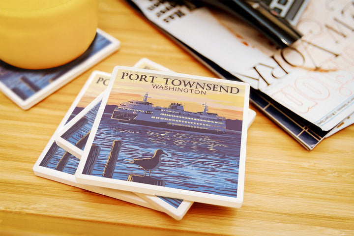 Port Townsend, Washington, Ferry Sunset & Gull, Lantern Press Artwork, Coaster Set Coasters Lantern Press 