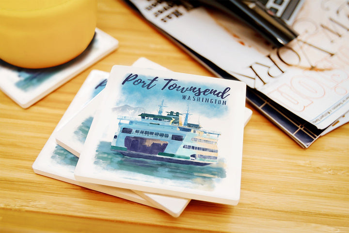 Port Townsend, Washington, Ferry, Watercolor, Lantern Press Artwork, Coaster Set Coasters Lantern Press 