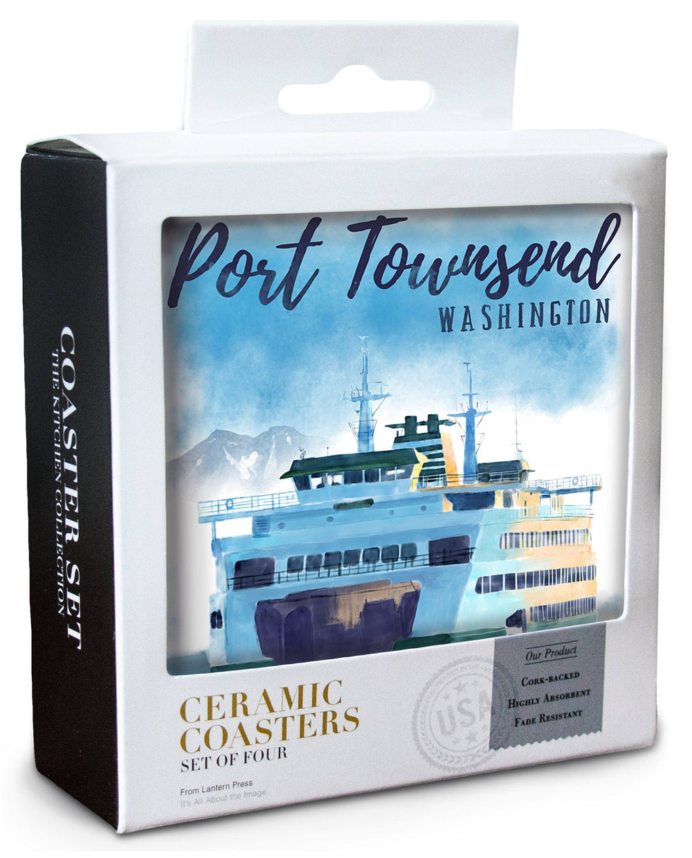 Port Townsend, Washington, Ferry, Watercolor, Lantern Press Artwork, Coaster Set Coasters Lantern Press 