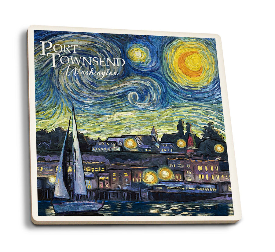 Port Townsend, Washington, Starry Night, Van Gogh, Lantern Press Artwork, Coaster Set Coasters Lantern Press 