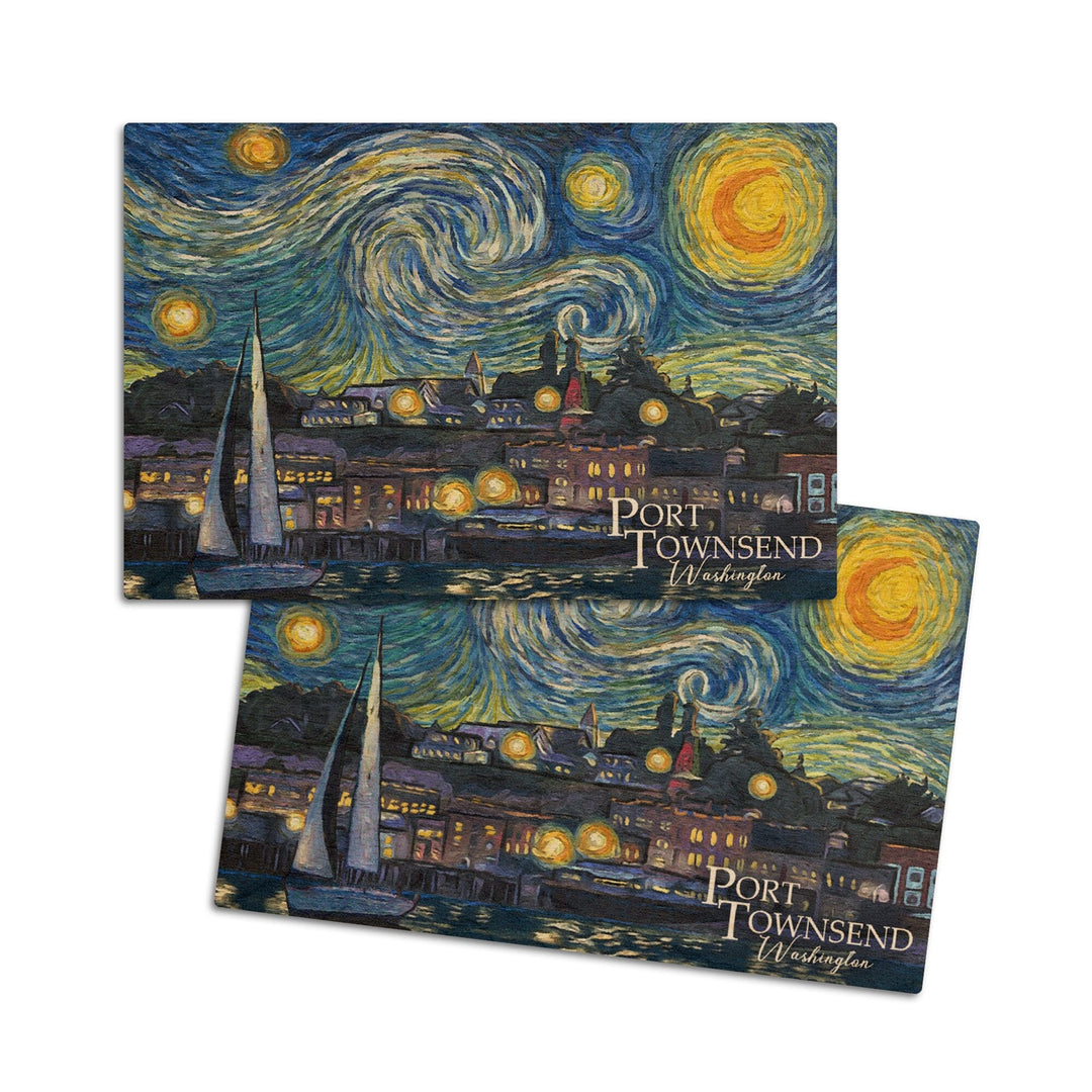 Port Townsend, Washington, Starry Night, Van Gogh, Lantern Press Artwork, Wood Signs and Postcards Wood Lantern Press 4x6 Wood Postcard Set 