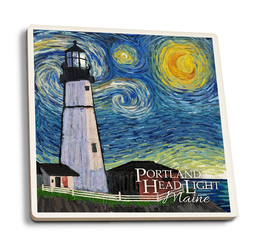 Portland Head Lighthouse, Maine, Starry Night, Lantern Press Artwork, Coaster Set Coasters Lantern Press 