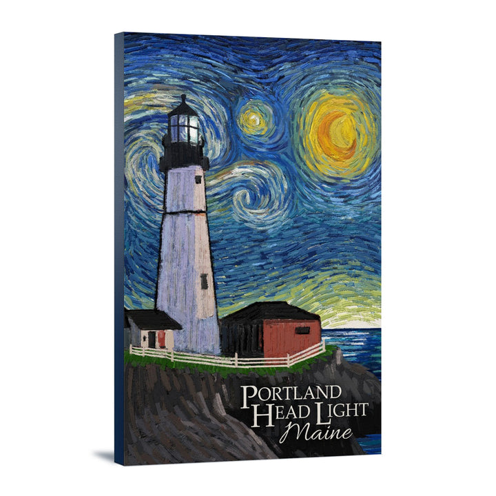 Portland Head Lighthouse, Maine, Starry Night, Lantern Press Artwork, Stretched Canvas Canvas Lantern Press 12x18 Stretched Canvas 