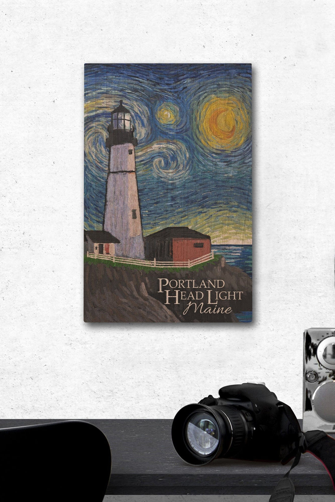 Portland Head Lighthouse, Maine, Starry Night, Lantern Press Artwork, Wood Signs and Postcards Wood Lantern Press 12 x 18 Wood Gallery Print 