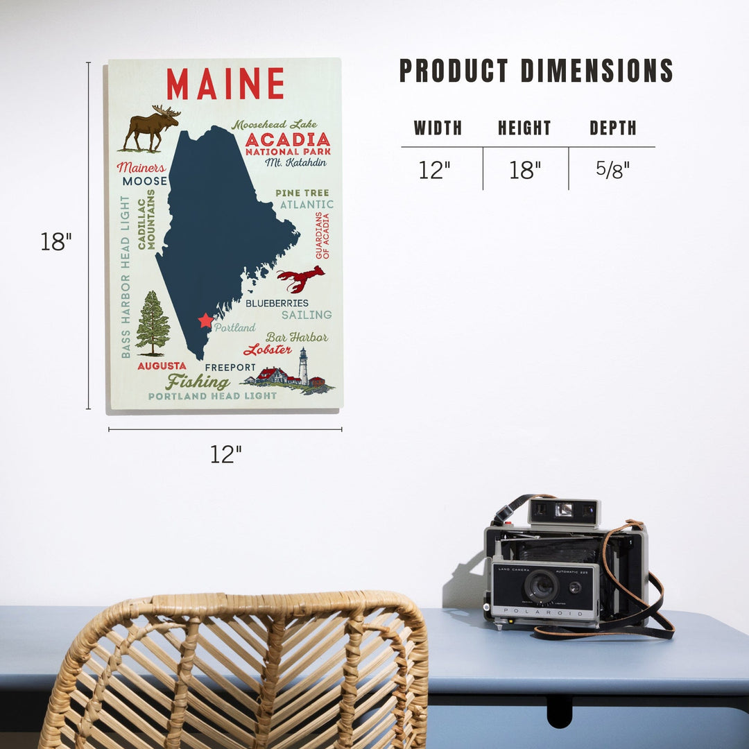 Portland, Maine, Typography & Icons, Lantern Press Artwork, Wood Signs and Postcards Wood Lantern Press 