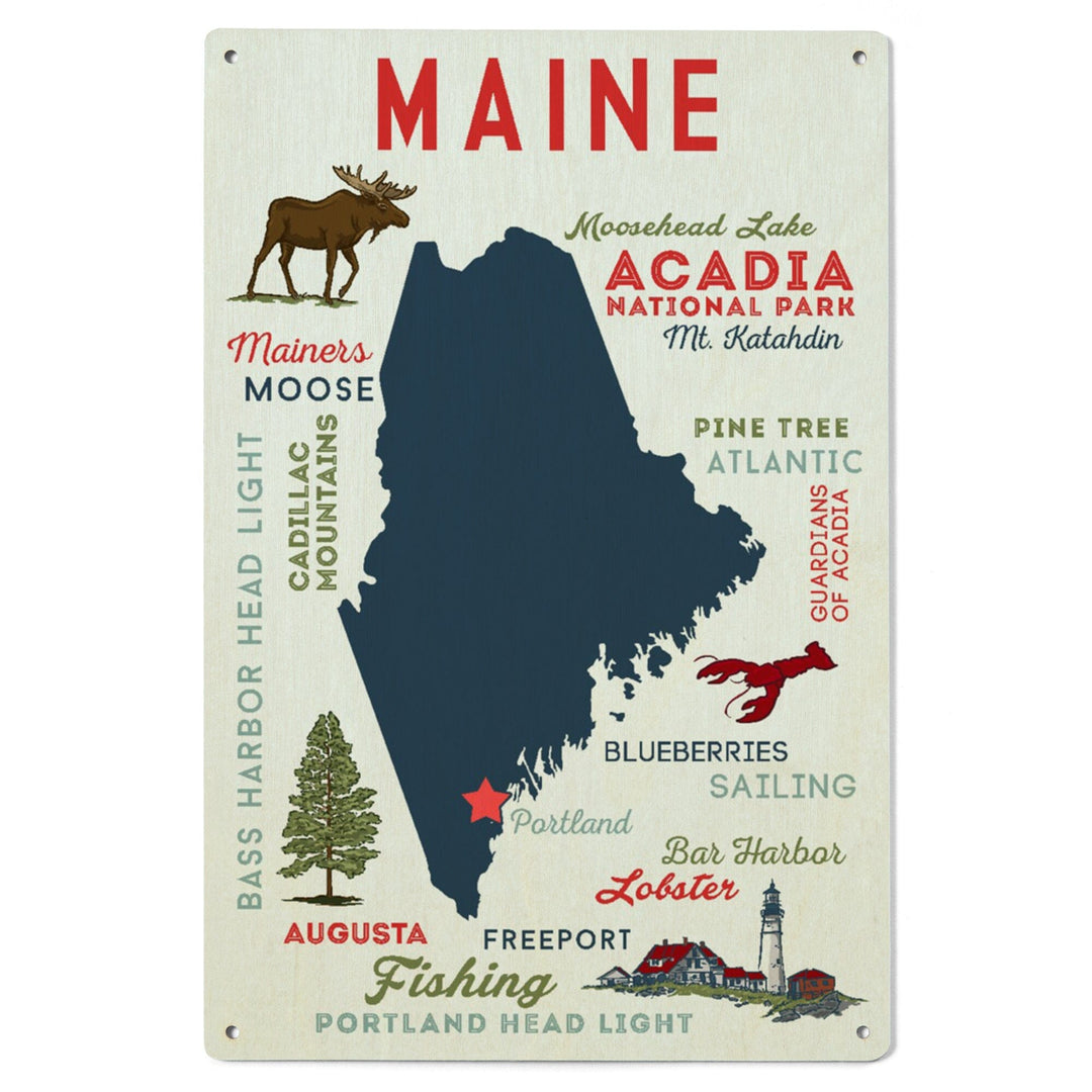 Portland, Maine, Typography & Icons, Lantern Press Artwork, Wood Signs and Postcards Wood Lantern Press 