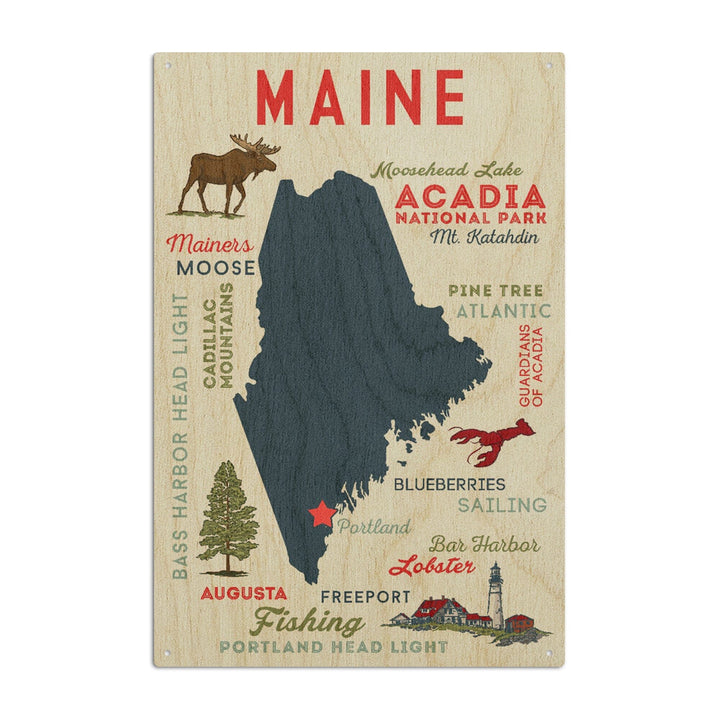Portland, Maine, Typography & Icons, Lantern Press Artwork, Wood Signs and Postcards Wood Lantern Press 6x9 Wood Sign 