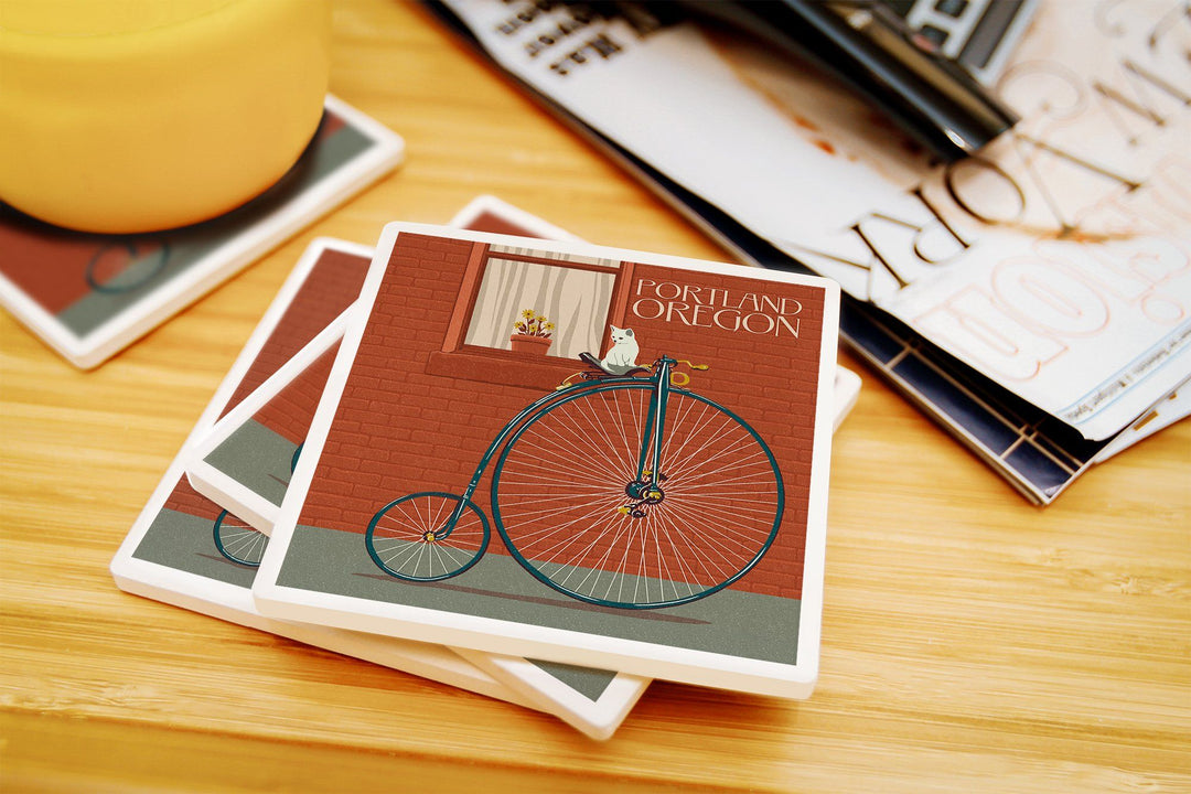 Portland, Oregon, Bicycle & Cat Letterpress, Lantern Press Artwork, Coaster Set Coasters Lantern Press 