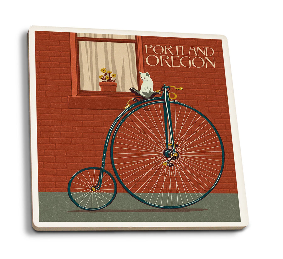 Portland, Oregon, Bicycle & Cat Letterpress, Lantern Press Artwork, Coaster Set Coasters Lantern Press 