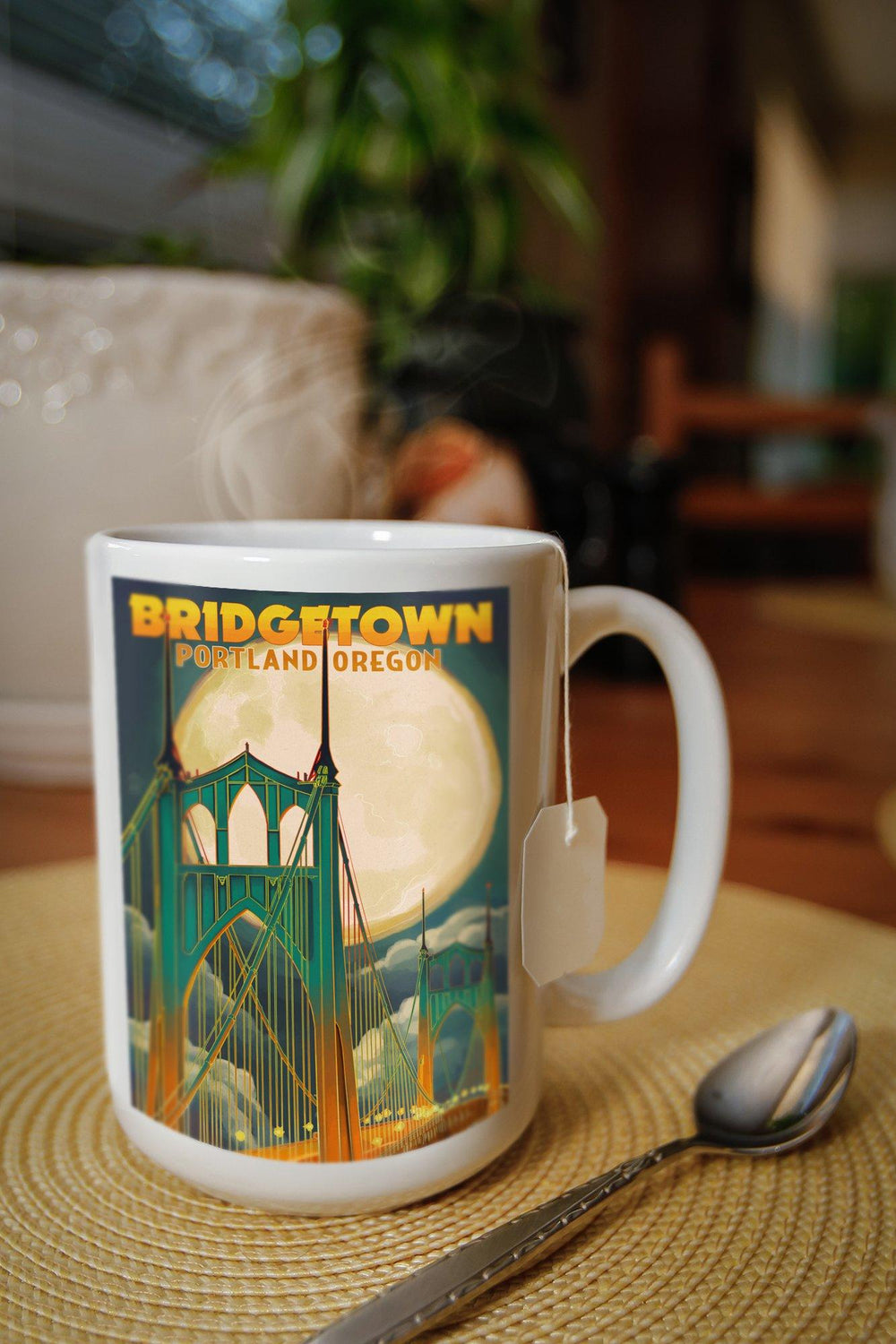 Portland, Oregon, Bridgetown & Full Moon, Lantern Press Artwork, Ceramic Mug Mugs Lantern Press 