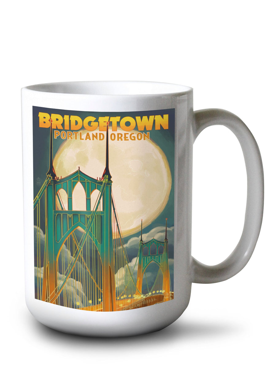 Portland, Oregon, Bridgetown & Full Moon, Lantern Press Artwork, Ceramic Mug Mugs Lantern Press 