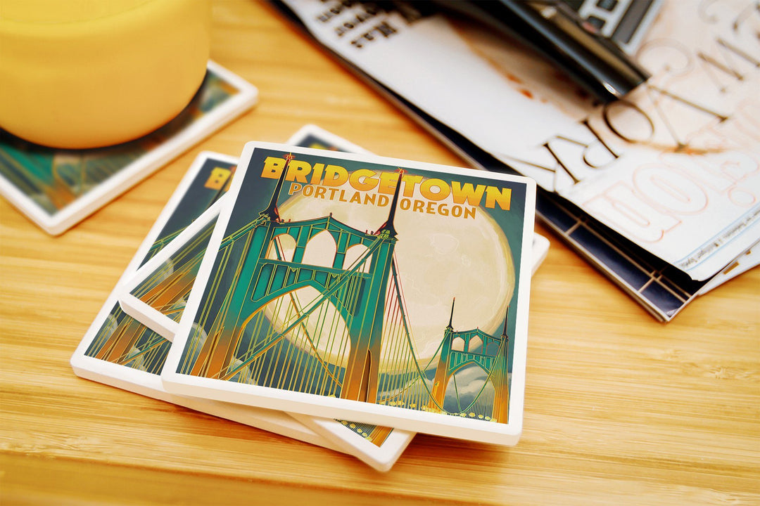 Portland, Oregon, Bridgetown & Full Moon, Lantern Press Artwork, Coaster Set Coasters Lantern Press 