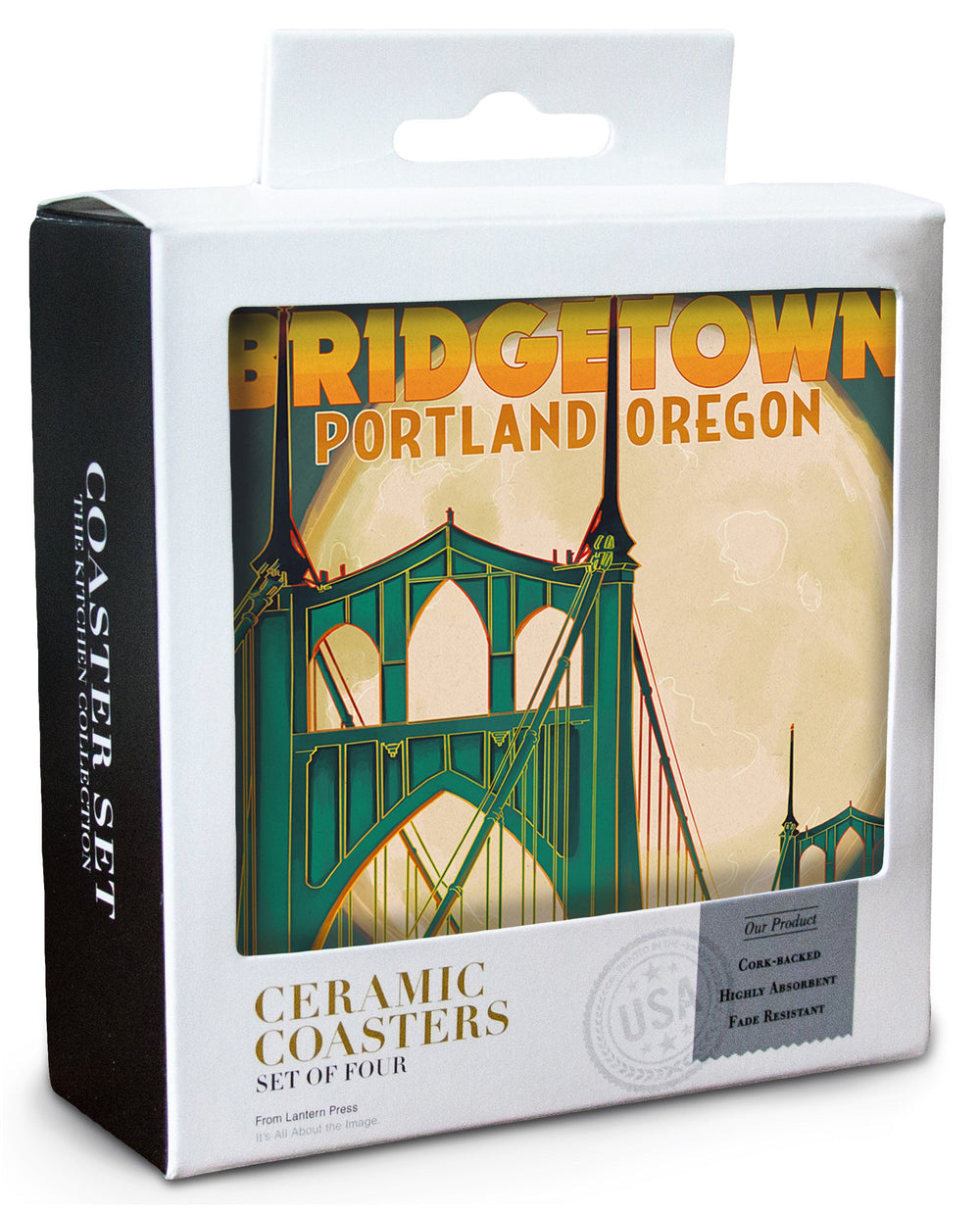 Portland, Oregon, Bridgetown & Full Moon, Lantern Press Artwork, Coaster Set Coasters Lantern Press 