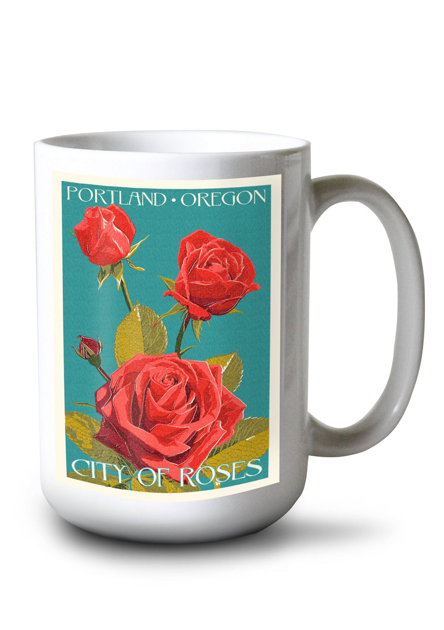 Portland, Oregon, City of Roses, Rose, Letterpress, Lantern Press Artwork, Ceramic Mug Mugs Lantern Press 