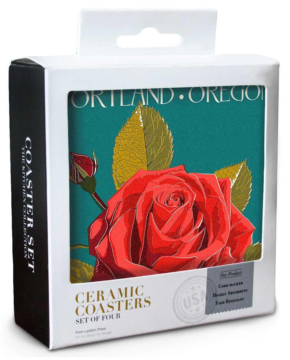 Portland, Oregon, City of Roses, Rose, Letterpress, Lantern Press Artwork, Coaster Set Coasters Lantern Press 