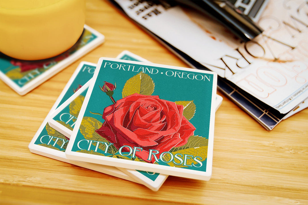 Portland, Oregon, City of Roses, Rose, Letterpress, Lantern Press Artwork, Coaster Set Coasters Lantern Press 