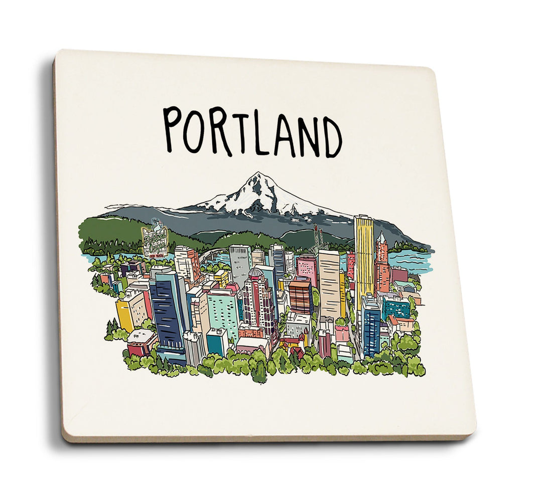 Portland, Oregon, Cityscape, Line Drawing, Lantern Press Artwork, Coaster Set Coasters Lantern Press 