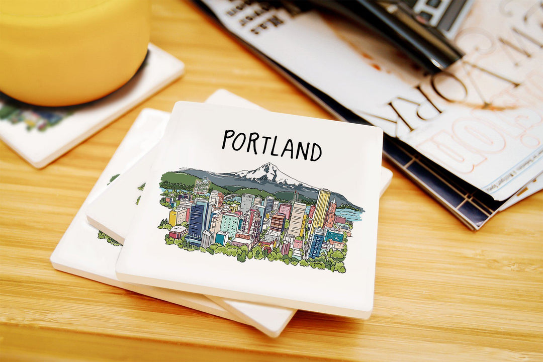 Portland, Oregon, Cityscape, Line Drawing, Lantern Press Artwork, Coaster Set Coasters Lantern Press 