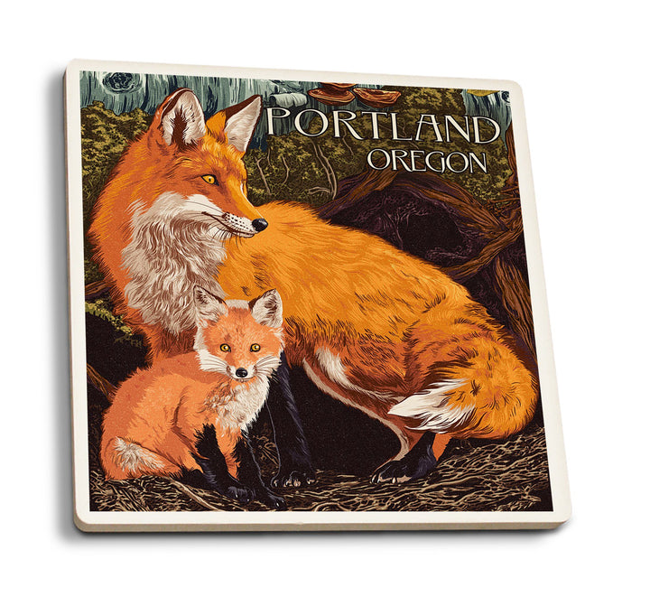 Portland, Oregon, Fox & Kit, Letterpress, Lantern Press Artwork, Coaster Set Coasters Lantern Press 