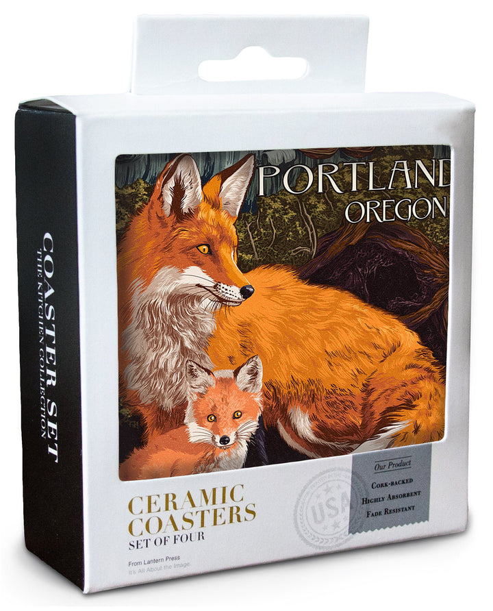 Portland, Oregon, Fox & Kit, Letterpress, Lantern Press Artwork, Coaster Set Coasters Lantern Press 