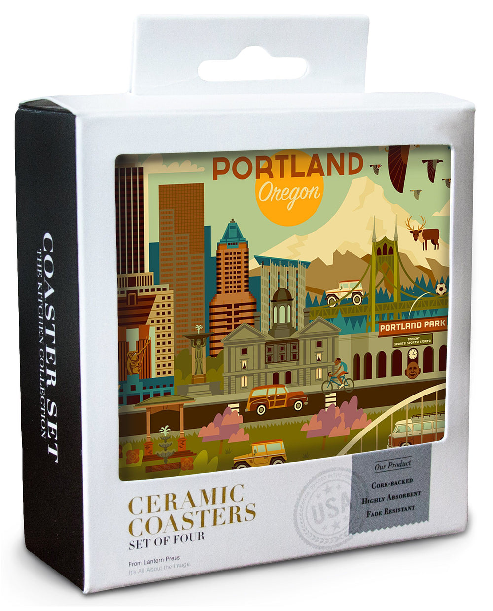 Portland, Oregon, Geometric, Lantern Press Artwork, Coaster Set Coasters Lantern Press 