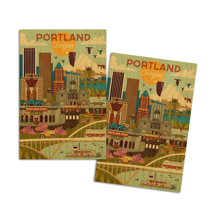 Portland, Oregon, Geometric, Lantern Press Artwork, Wood Signs and Postcards Wood Lantern Press 4x6 Wood Postcard Set 