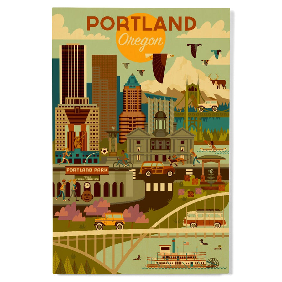 Portland, Oregon, Geometric, Lantern Press Artwork, Wood Signs and Postcards Wood Lantern Press 
