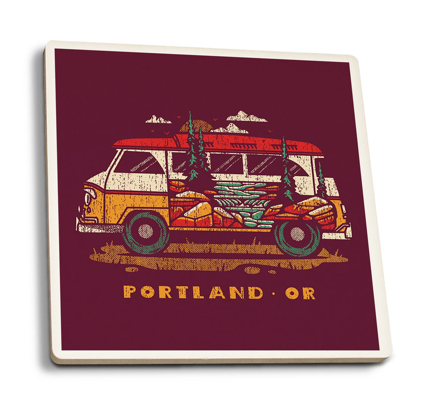 Portland, Oregon, LP Camper Van, Distressed Vector, Lantern Press Artwork, Coaster Set Coasters Lantern Press 