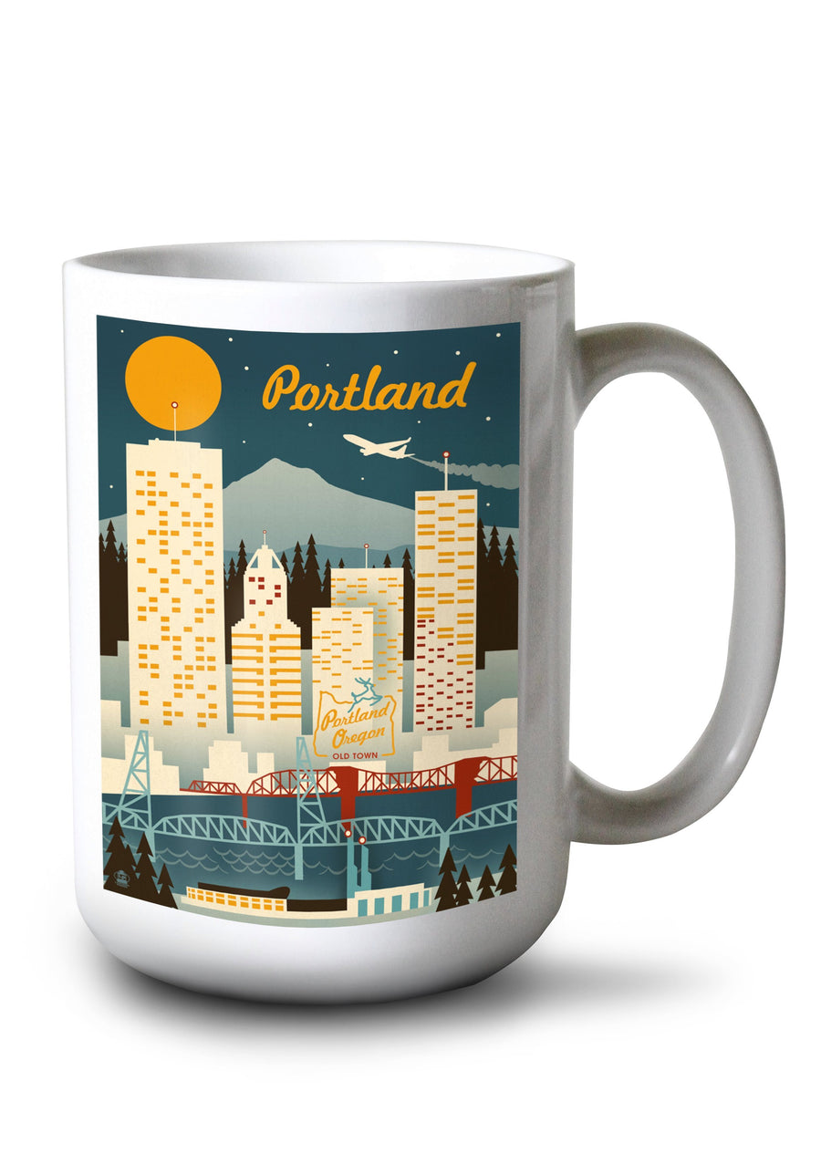 Portland, Oregon, Retro Skyline, Lantern Press Artwork, Ceramic Mug Mugs Lantern Press 